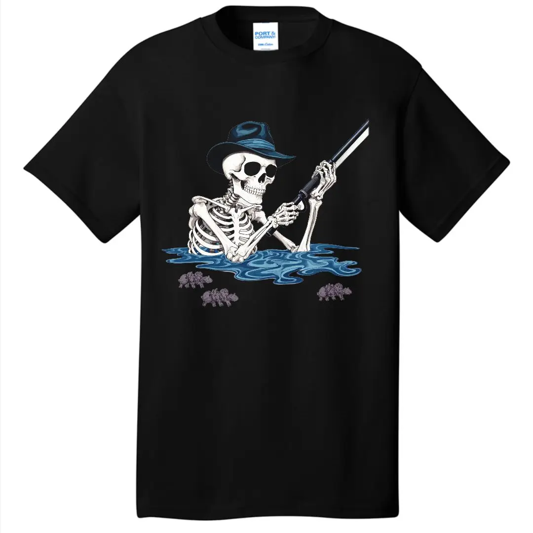 White T - shirt with Skeleton Graphic: Skeleton in Dark Blue Fedora Holding Rifle (Shotgun) Over Blue Wavy Water, Spider - Bug -