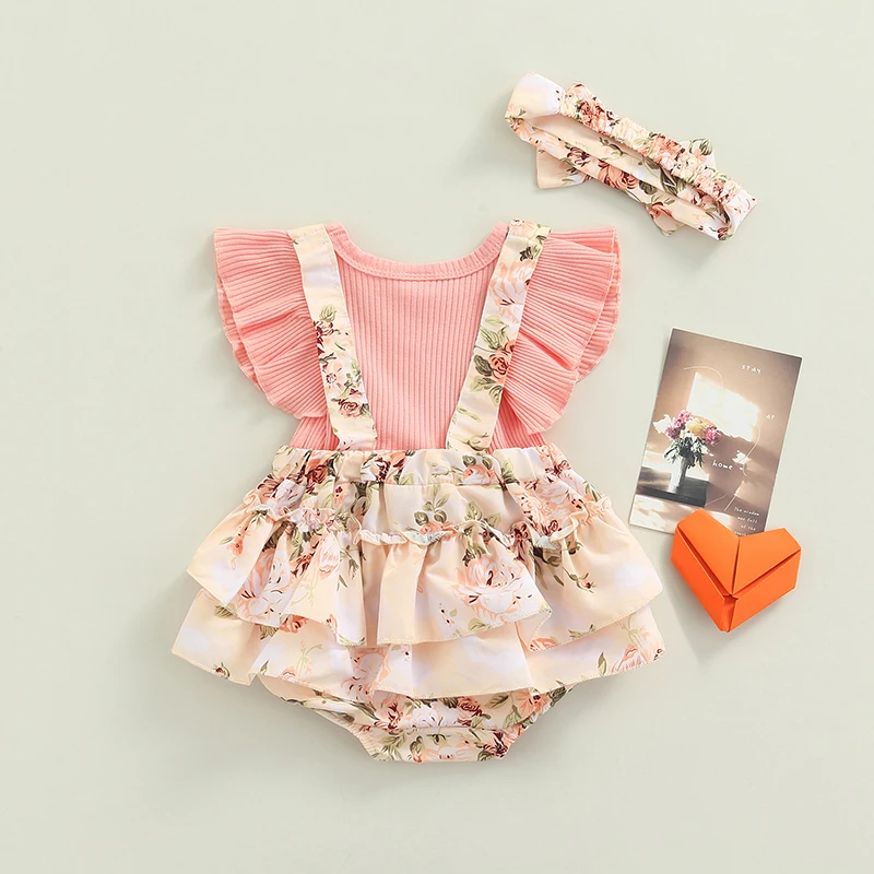 VISgogo Baby Girls Rompers Summer Clothes Set Pink Floral Printed Ribbed Fly Sleeves Romper and Bow Knot Headband 0-18 Months