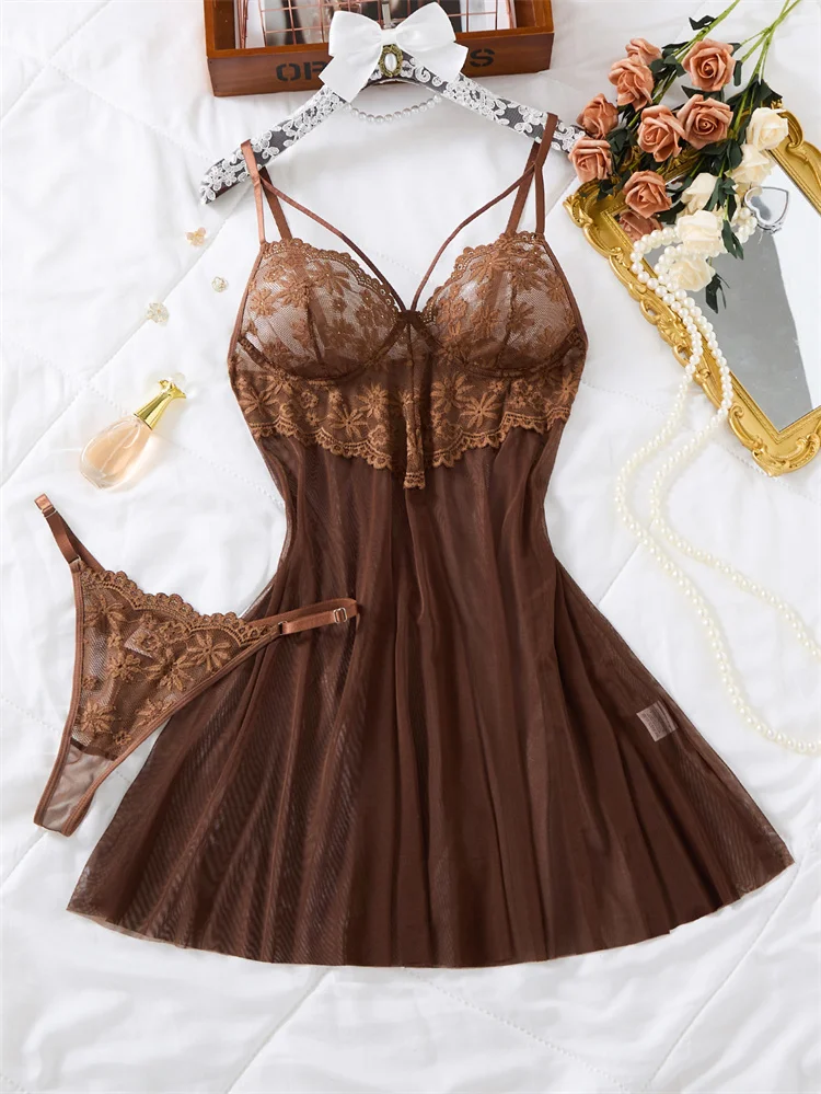 Summer Women's Pajamas Coffee Lace Nightdress Sheer Mesh V-Neck Spaghetti Strap Nightgown Babydoll Lingerie Sexy Night Dress