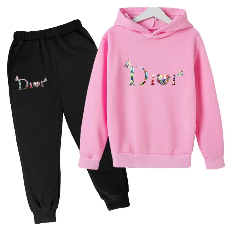 

Kids Pullover Autumn Clothes Hoodie Letters Butterfly Boy Girl 3-12 Years Pink Sweatshirt+Pants Two-piece Set Leisure Sports Set