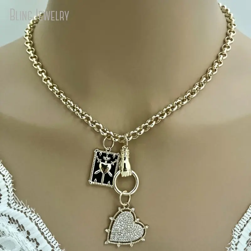 10pcs Stainless Steel Choker Gold Color Belcher Rolo Chain CZ Heart Charm Coat of Arm Lobster Closure Custom Jewelry Collar