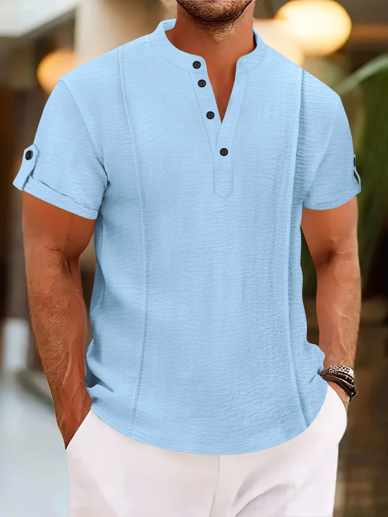 

Men's casual short-sleeved Polo shirt, fashionable street style, pleated V-neck, buttoned, solid color, retro short-sleeved T-sh