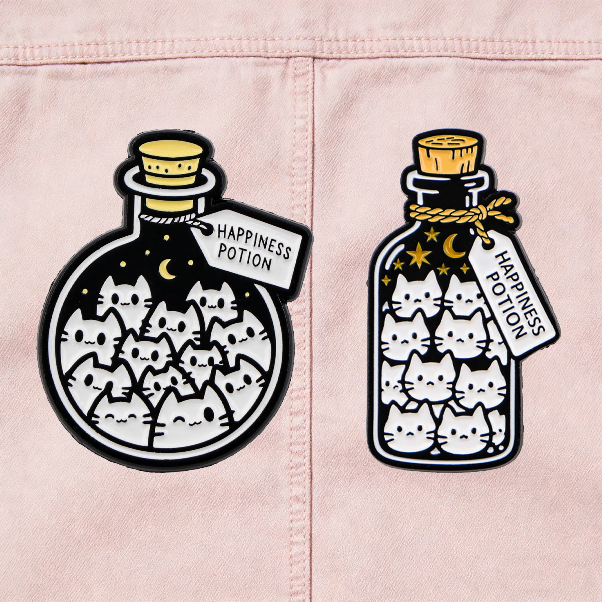 Cartoon-Katzen-Glücksgetränk-Flasche Emaille-Pin, niedliche Kätzchen-Metallbrosche, Rucksack-Reversnadel, Schmuckgeschenk für Freunde