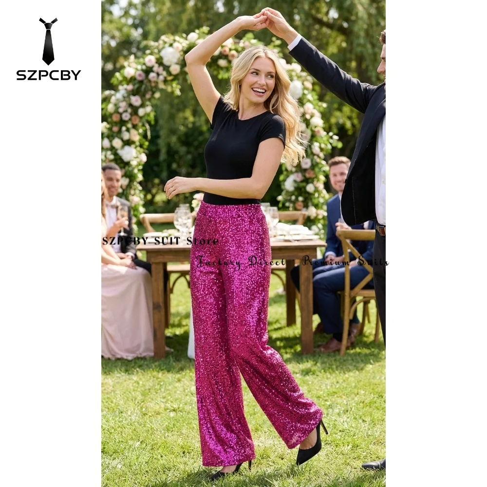 Women's Pants and Trousers Solid Sequin Black Wide Leg Pants for Women Elastic Waist Casual Outfit for Evening Party Customized