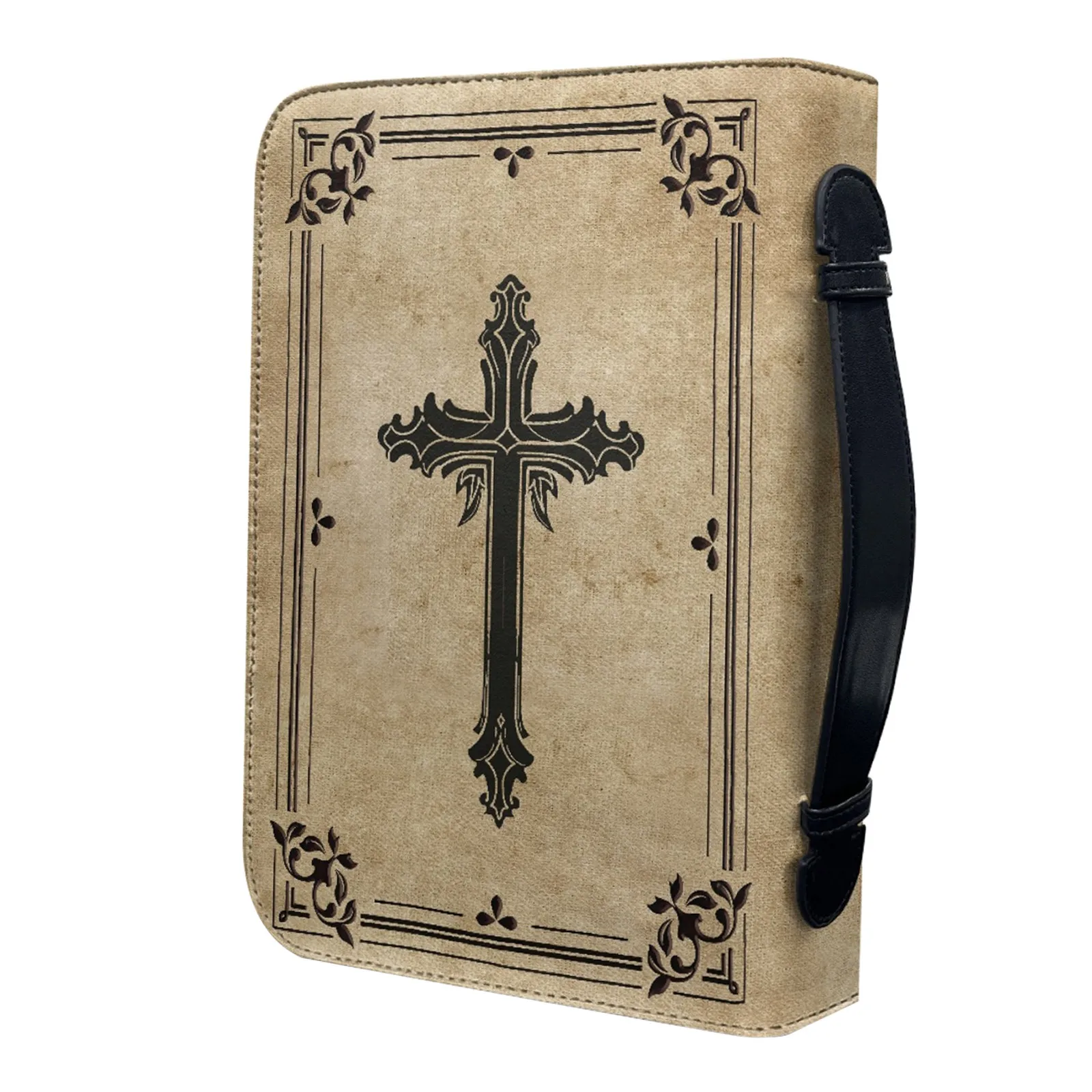 PU Cross Print Bible Case Vintage Bible Carrier Bag Book Carrying Case for Travel Church Study Protective Storage