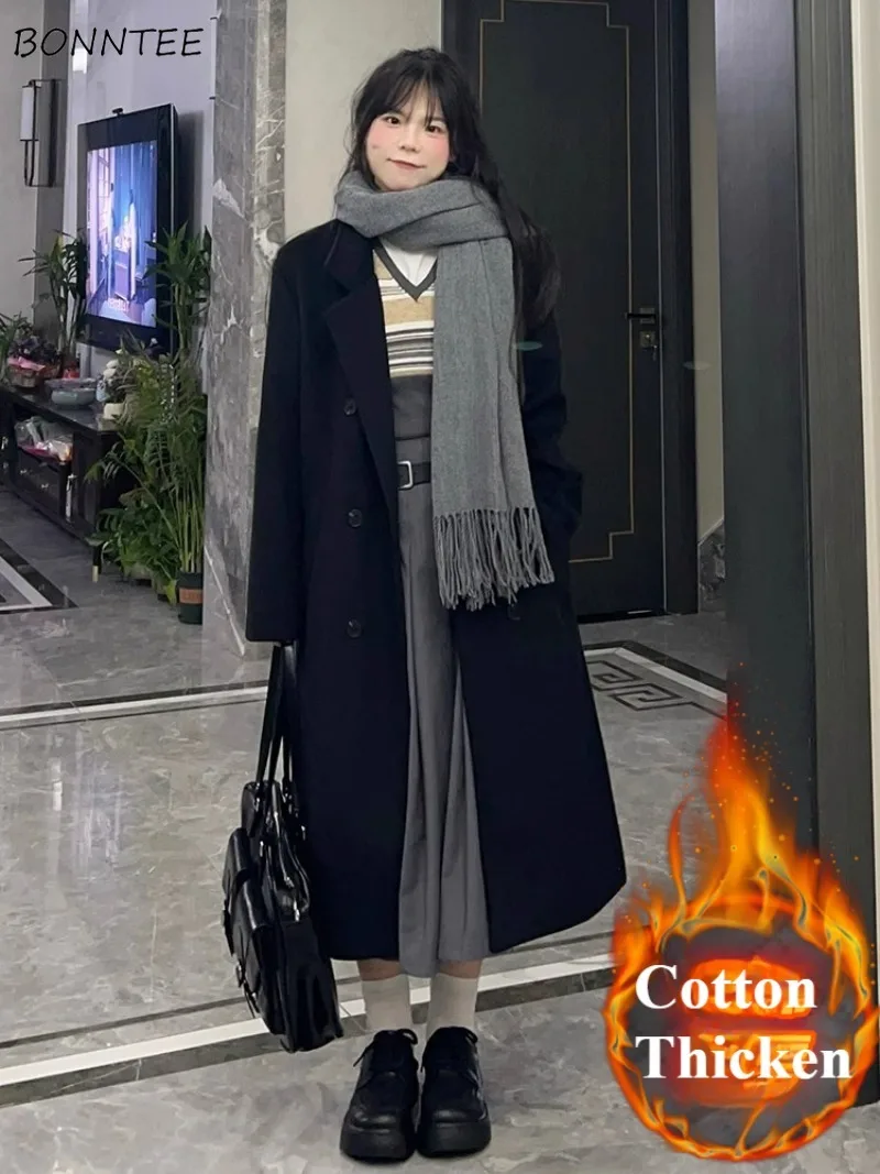 

Wool Women Chic Autumn Winter Cotton Thicken Design All-match Double Breasted Korean Fashion College Office Lady Daily Coats