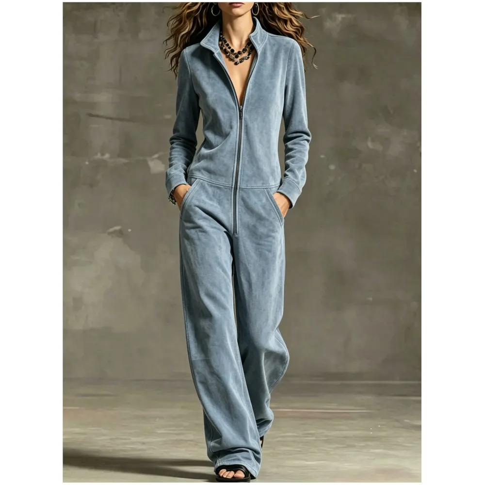 Retro Women's Velour Jumpsuit Zip Up Stand Collar Long Sleeve Wide Leg Female Casual Daily Streetwear Jumpsuit With Side Pockets