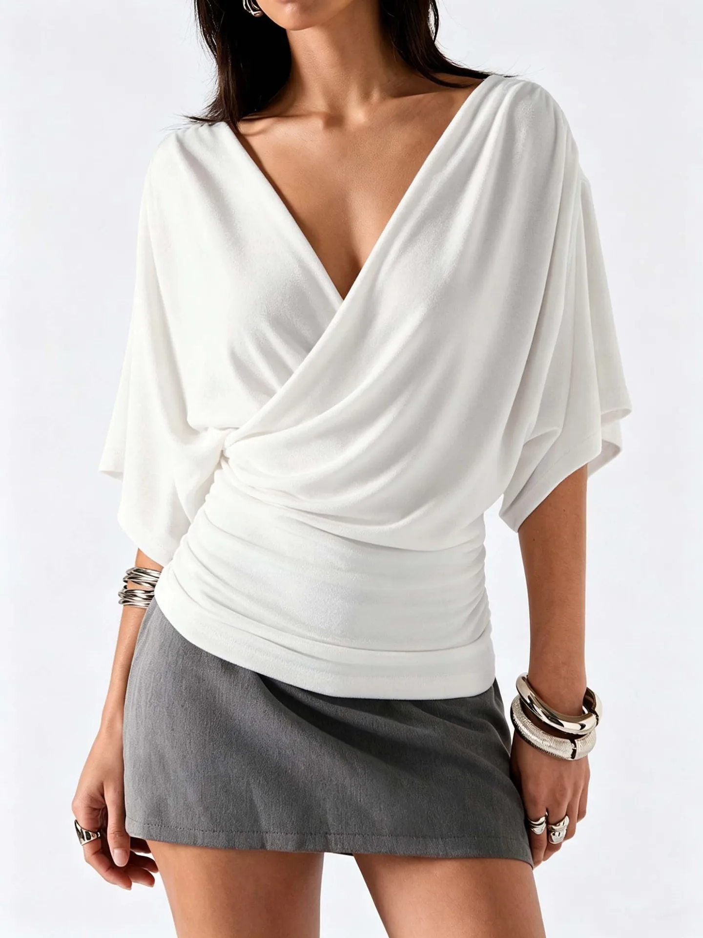 

Summer Clothes Women Blouse Loose Fit Batwing Sleeve T Shirt V Neck Solid Color Top Cropped Ruched Waist For Woman Womens