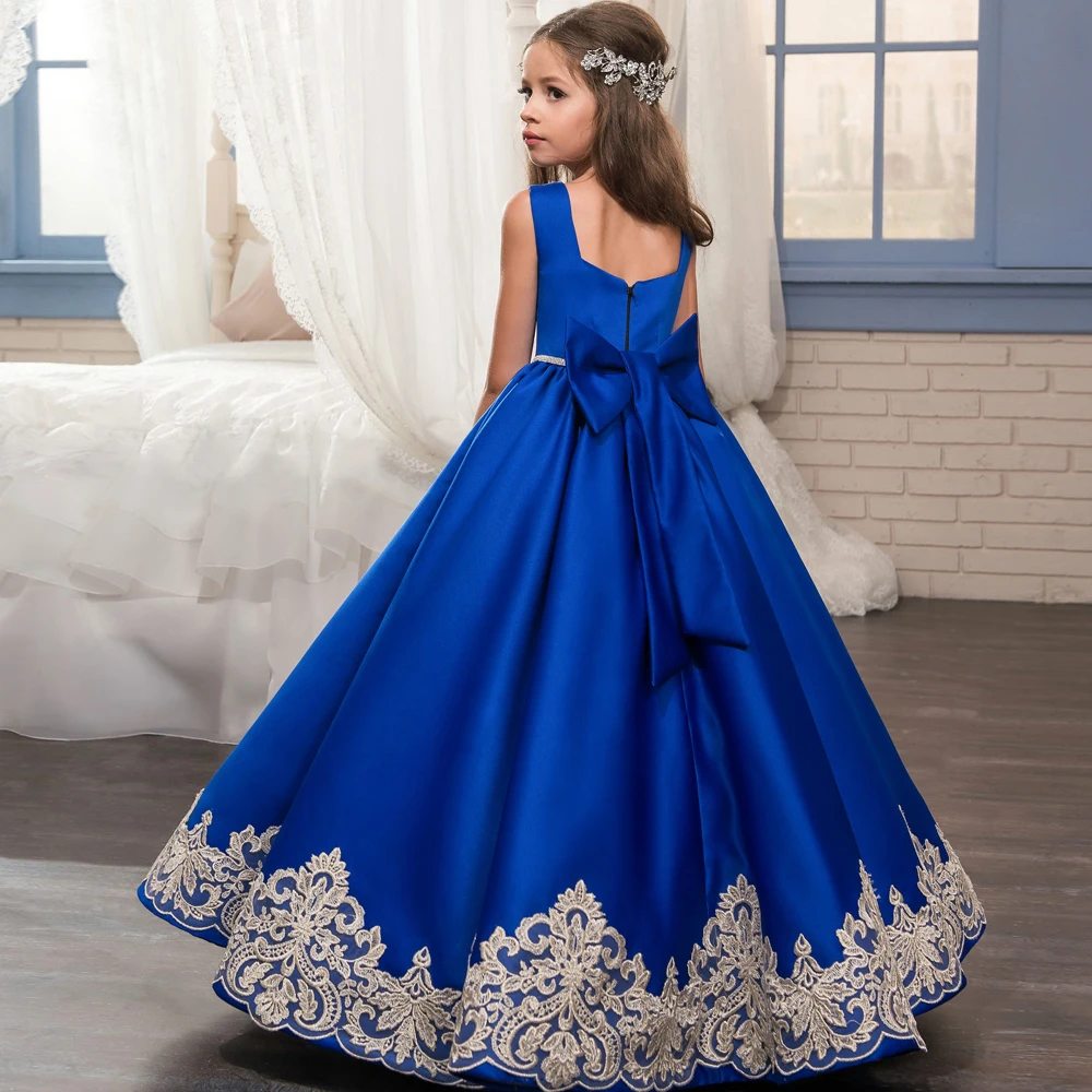 

Customized Blue Flower Girl Dress For Wedding Lace Satin Puffy Applique Princess Baby Kids Birthday First Communion Gown