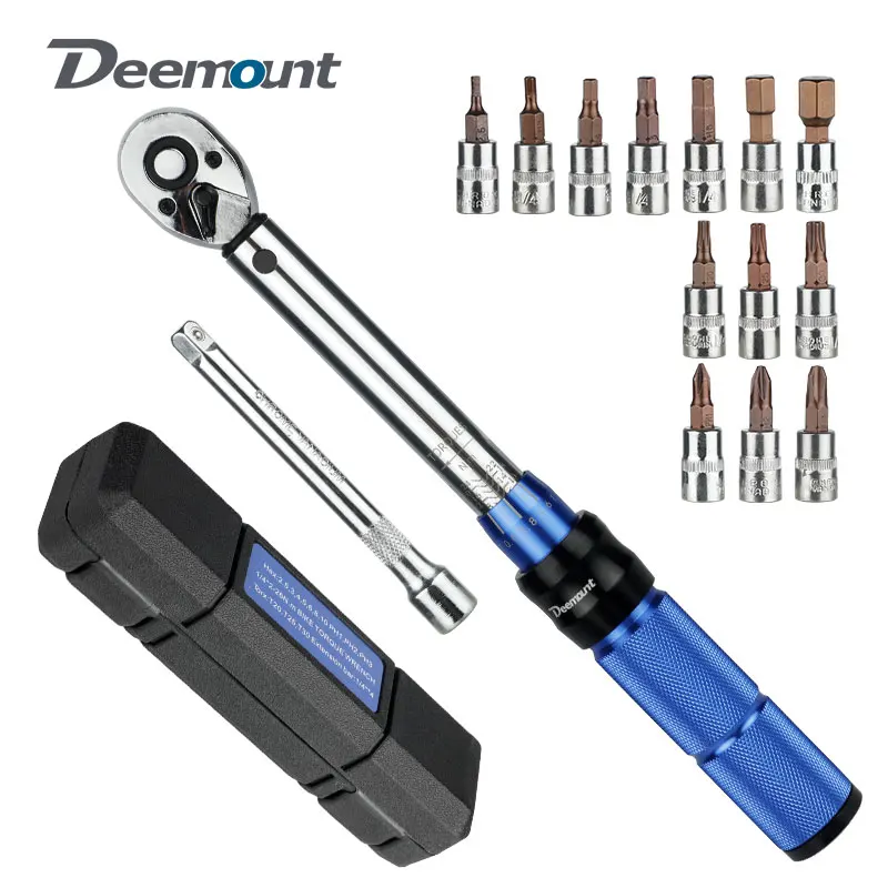 

Deemount Bicycle Torque Wrench 1/4” Drive Click W/ 10cm Extension Adapter Rod 72 Teeth Ratchet 14 Bit 2-24NM Torque Repair Tool