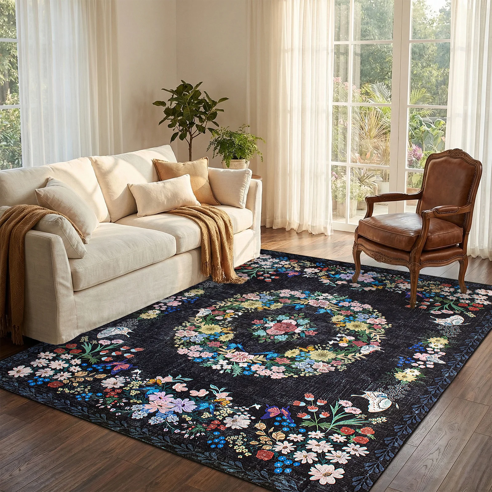 

Living Room Rug, 8x10 Washable Area Rugs for Dining Room Under Kitchen Table, Bedroom, Oriental Low Pile Stain Resistant mat