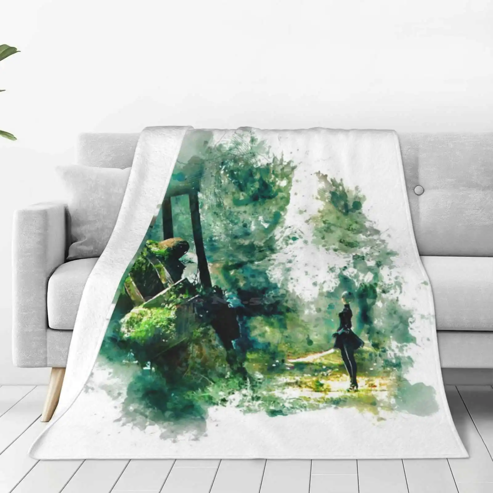 Nier Automata Painting New Selling Custom Print Flannel Soft Blanket Nier Automata 2B A2 9S Emil Black White Weathered Android