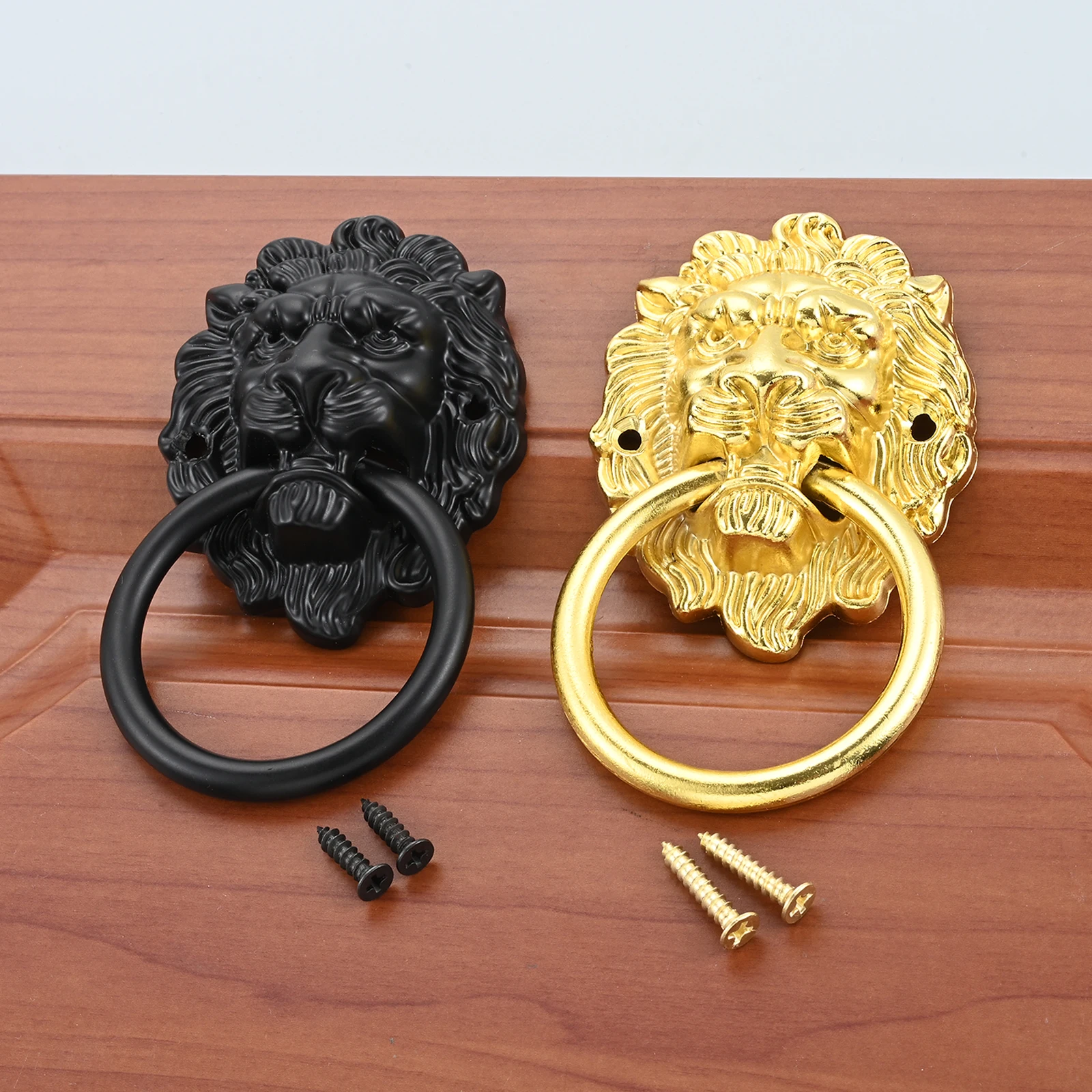 6 pz Oro/nero Testa di Leone Porta Battente 65*110 MILLIMETRI Decorativo Porta Anteriore Battente Antico Leone Porta Anello Tirare Maniglia Manopola con Vite