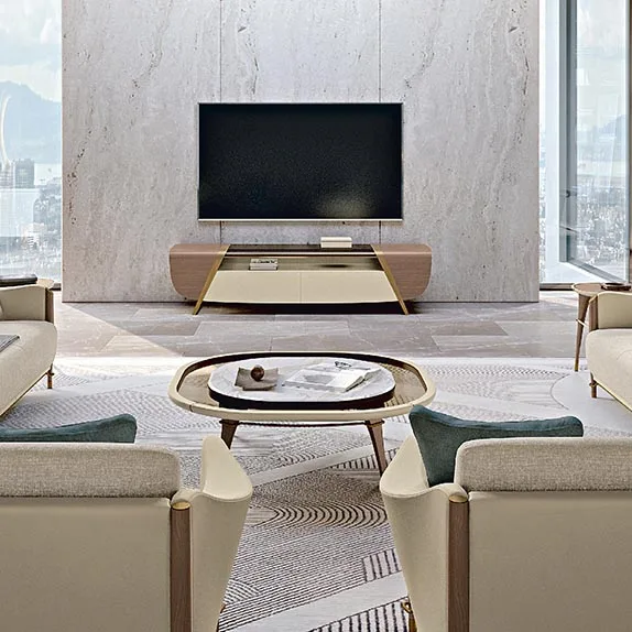 Stainless Steel TV Unit Living Room Furniture TV Stand, Wooden Marble Table Modern TV Cabinet