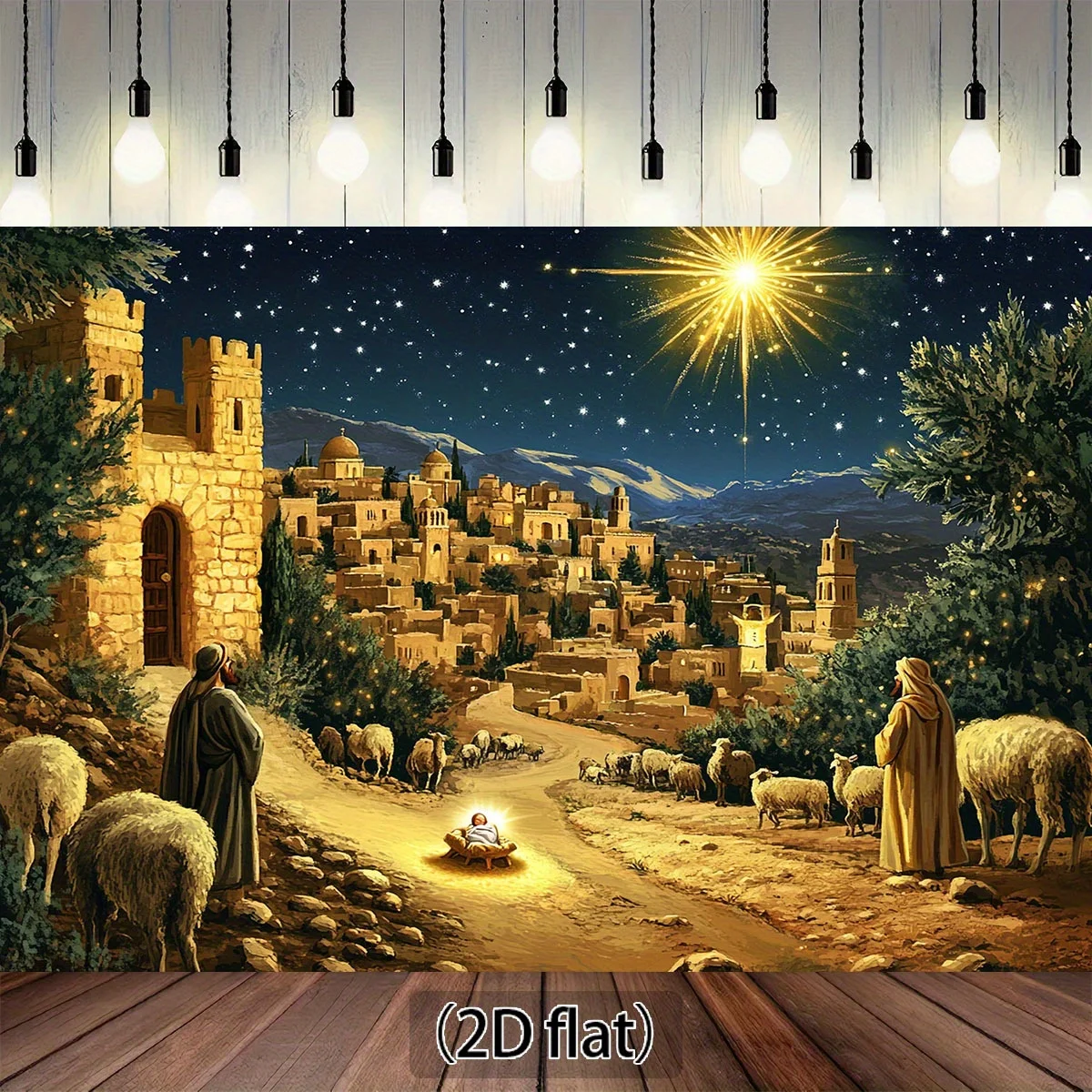 2D-Flugzeug, 1-teiliges Weihnachts-Hintergrundtuch von Bethlehem – Sternennachtszene über Schäferhund und Baby Jesus, strapazierfähiges Polyester