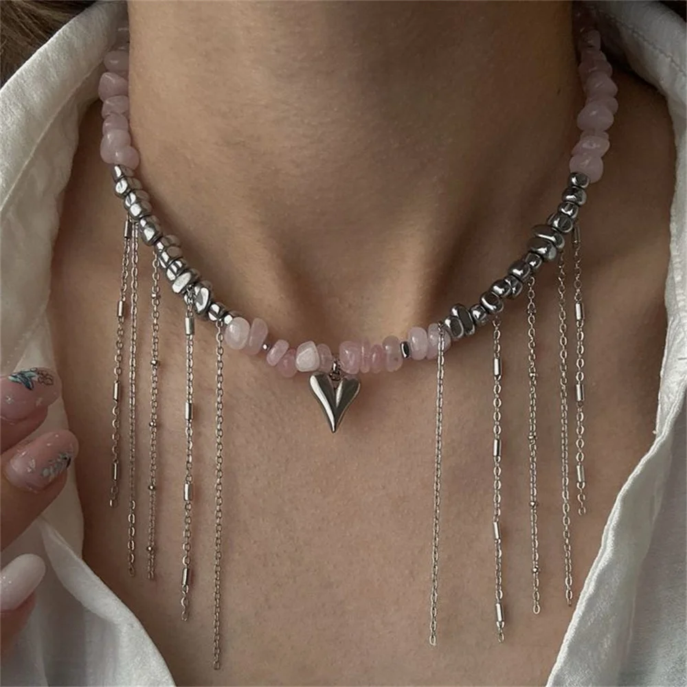Pink Rose Quartz Beaded Choker Necklace Women Irregular Silver-Plated Chip Tassel Chain Heart Pendant Boho Party Fashion Jewelry