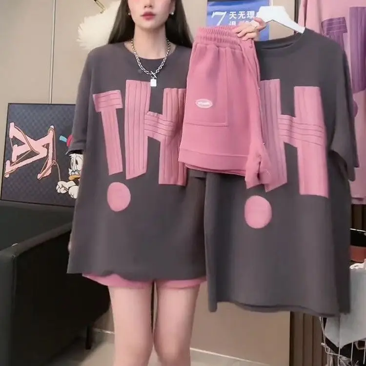 

Sportswear Set Women's Summer Korean Edition Loose Fashion Western Short Sleeve Shorts Casual Two Piece Set