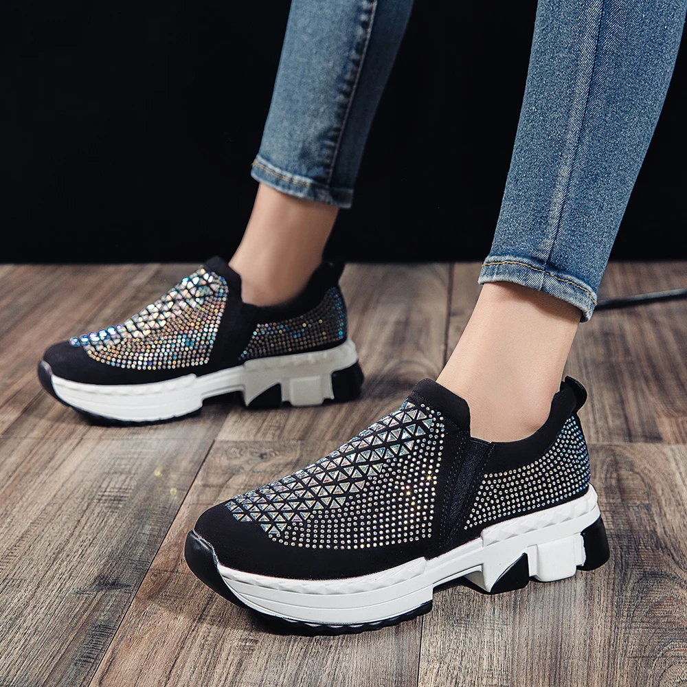 Rhinestone Women Sock Sneakers Thick Sole Comfortable Lady Tenis Soft Platform Light Lazy Loafer Crystal Summer Girl Flat Shoes