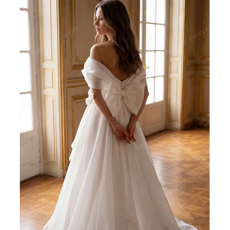 Smooth Wedding Dress Silky Organza A-Line Ball Gown Boat Neck Sleeveless Bow Customized Bride Dress Back Zipper Robe De Mariee