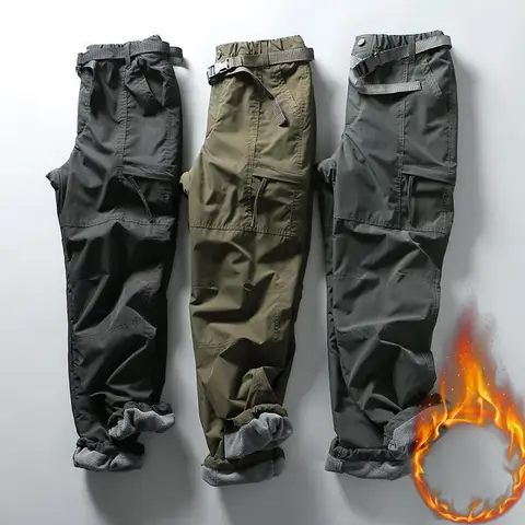 S-6XL 툴링 바지 두꺼운 방수 양털 카고 바지 남성 여성 겨울 야외 멀티 포켓 느슨한 스트레이트 전체 바지