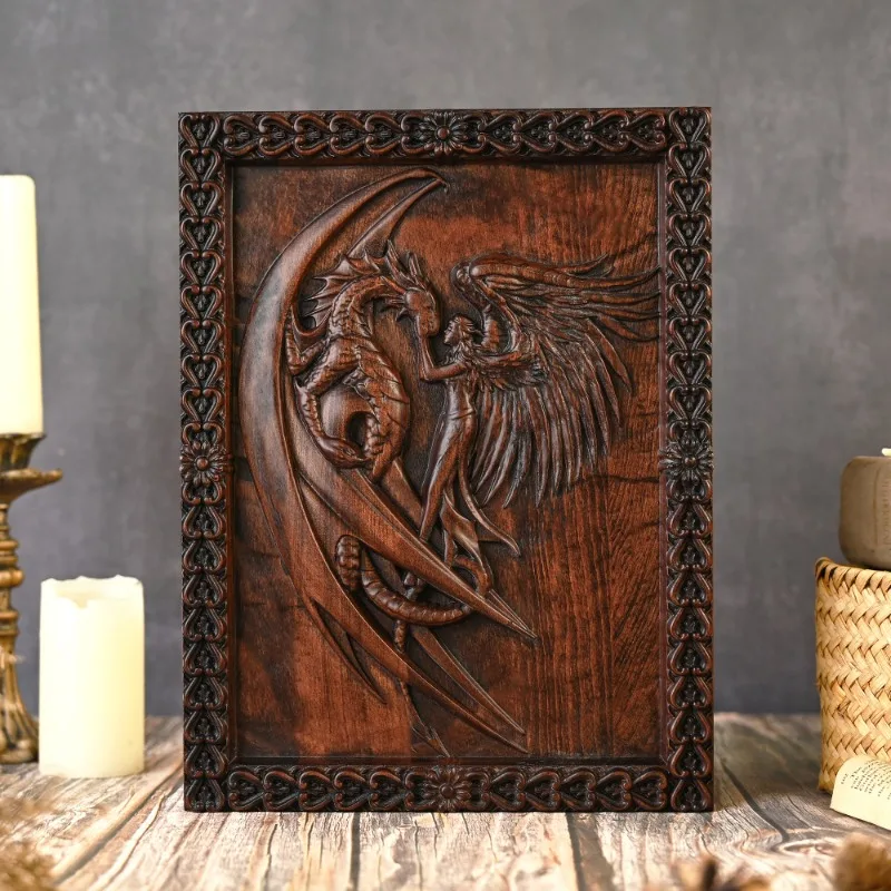 Handcrafted Beech Wood Carving Wall Art Girl and Dragon Fantasy Relief Panel Gothic Mythical Decor
