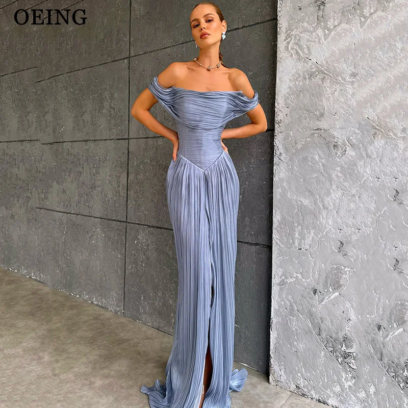 

OEING Elegant Blue Evening Dress Off Shoulder Sleeveless Party Gowns Pleats Side Slit Floor-Length Prom Dress Customized