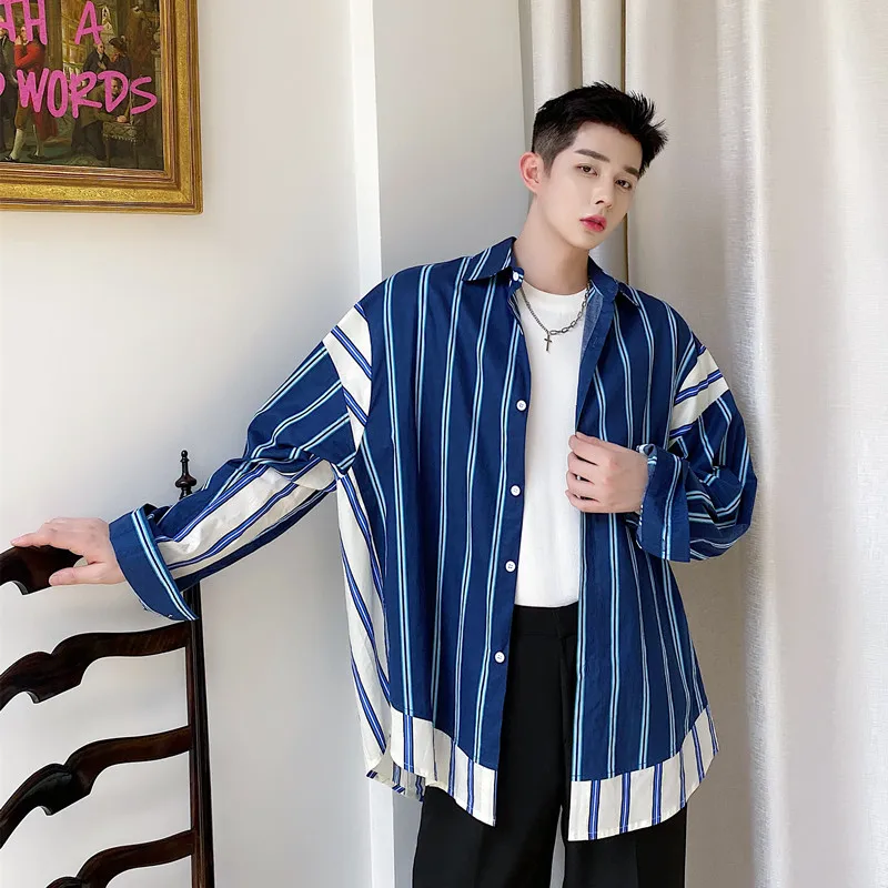 

2024 Men Spring Autumn New Oversized Casual Blouses Men's Long Sleeve Loose Shirt Male Stripe Turn Down Collar Shirts F292