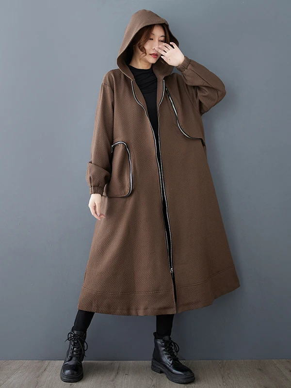 Fashionable Hooded Oversized Casual Zipper Design Thickened Windbreaker Spring Autumn Women's Long Sleeve Lantern Sleeve Coat
