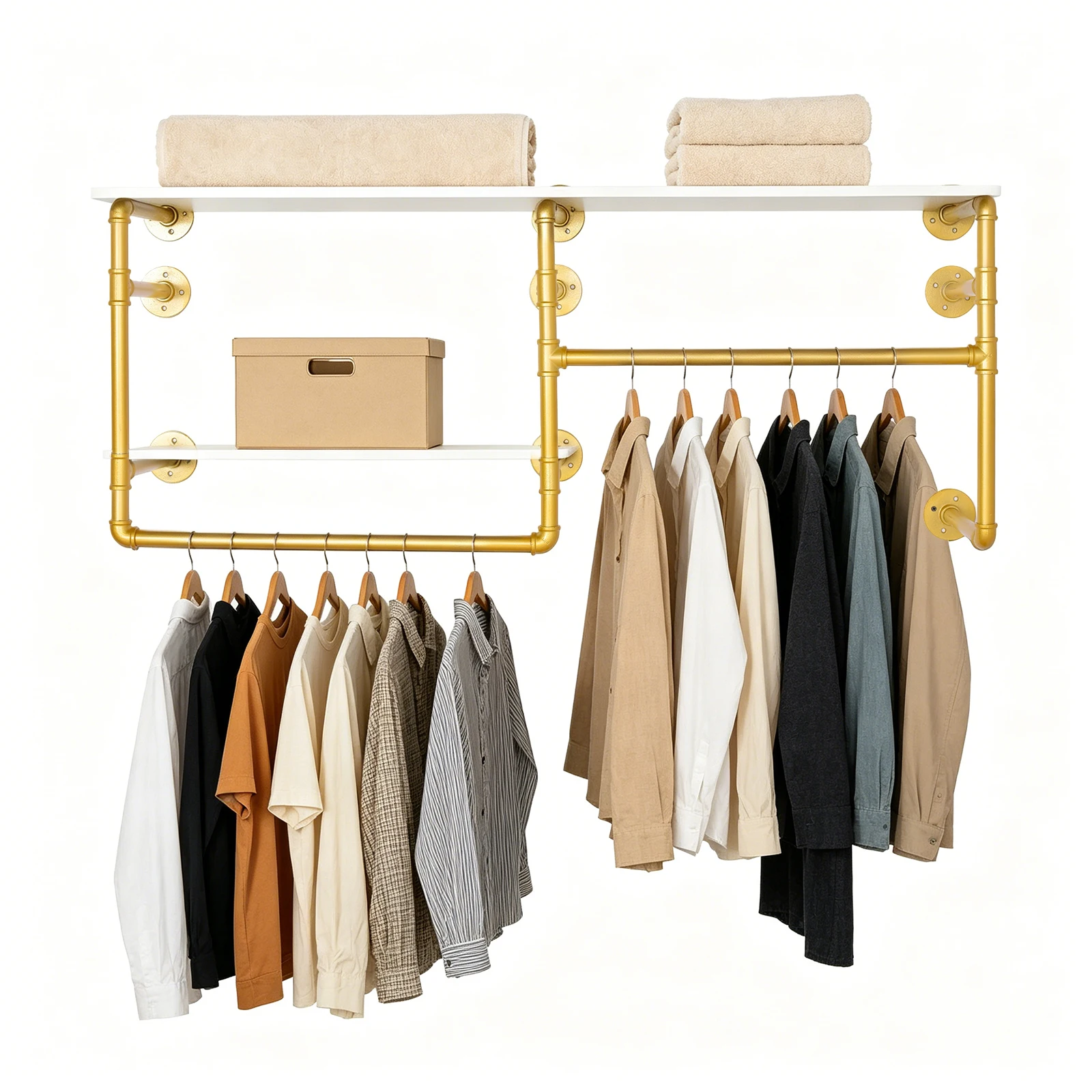 

Heavy Duty Industrial Pipe Wall Mounted Clothing Rack, Space Saving Walk in Closet Organizer System with Sturdy Iron Hanging Bar, Versatile Garment Storage Rack for Home Bedroom Cloakroom and Laundry Room