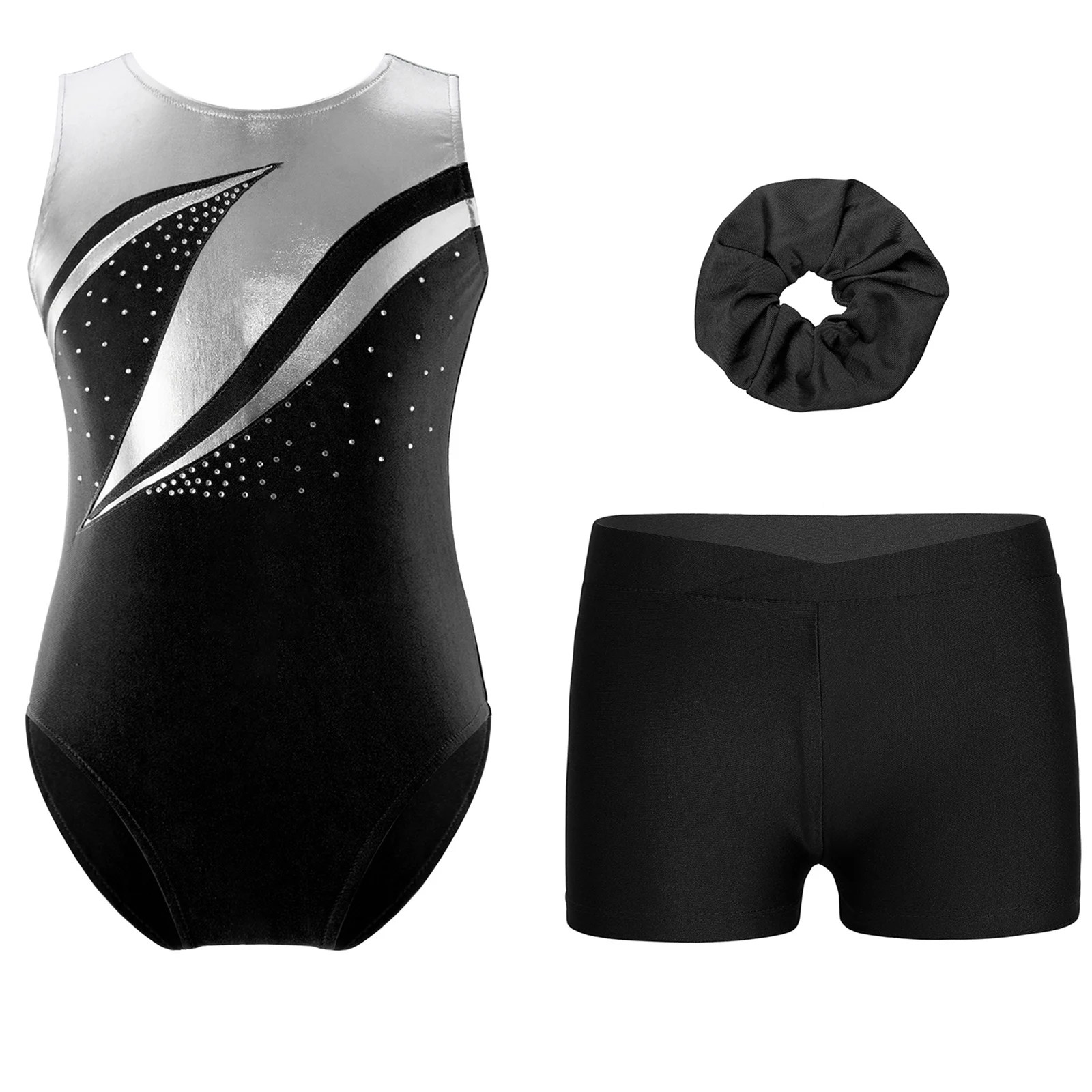 

#6-16 Kids Girls Gymnastics Ballet Dancing Outfit Metallic Shiny Rhinestones Adorned Leotard with Waistband Shorts And Hairband