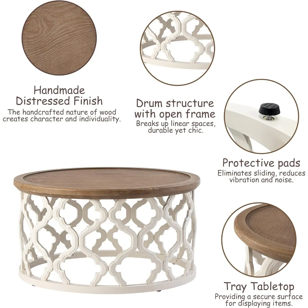 Farmhouse Coffee Table, Distressed Tray Top Table with Curved Motif Frame Base for Boho, Rustic, French Country Decor, Round, Wh