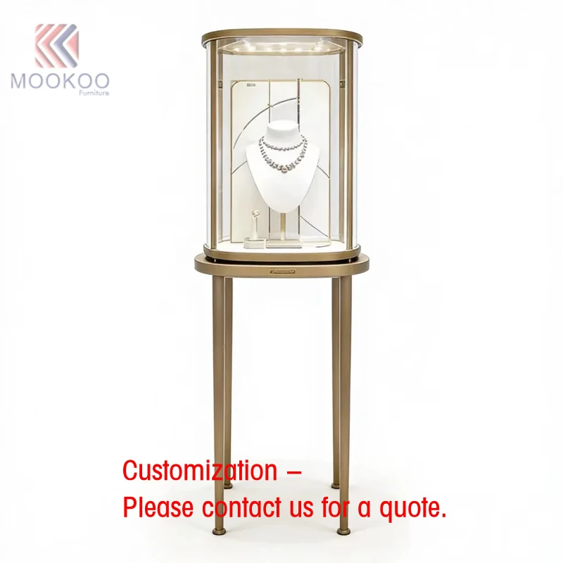 custom.Luxury Round Jewelry Display Cabinet with LED Lighting Custom Gold Frame Showcase High-End Retail