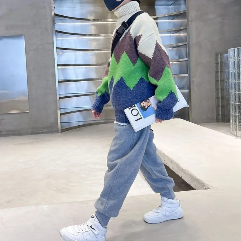 

Весенне-осенняя куртка, теплая детская трикотажная одежда, повседневная одежда, спортивный свитер для мальчиков, зимняя верхняя одежда из смеси шерсти, 2025 пуловер, теплый утепленный