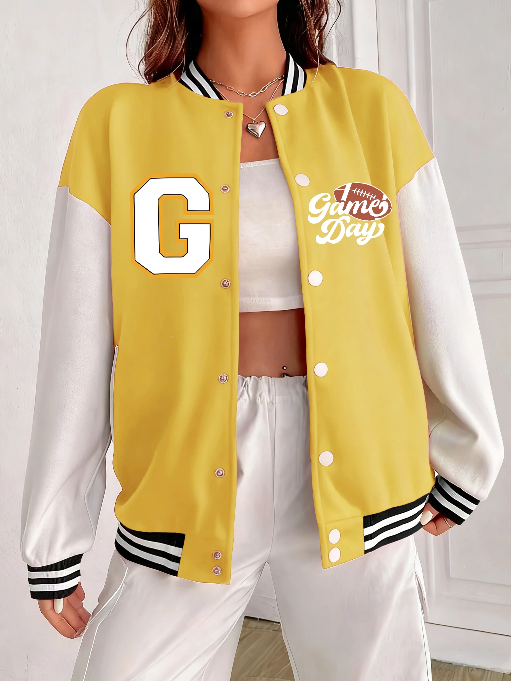

Женская бейсбольная куртка с рисунком игры в регби, красочная универсальная уличная одежда, осенний свободный трикотаж, мягкая хлопковая женская одежда