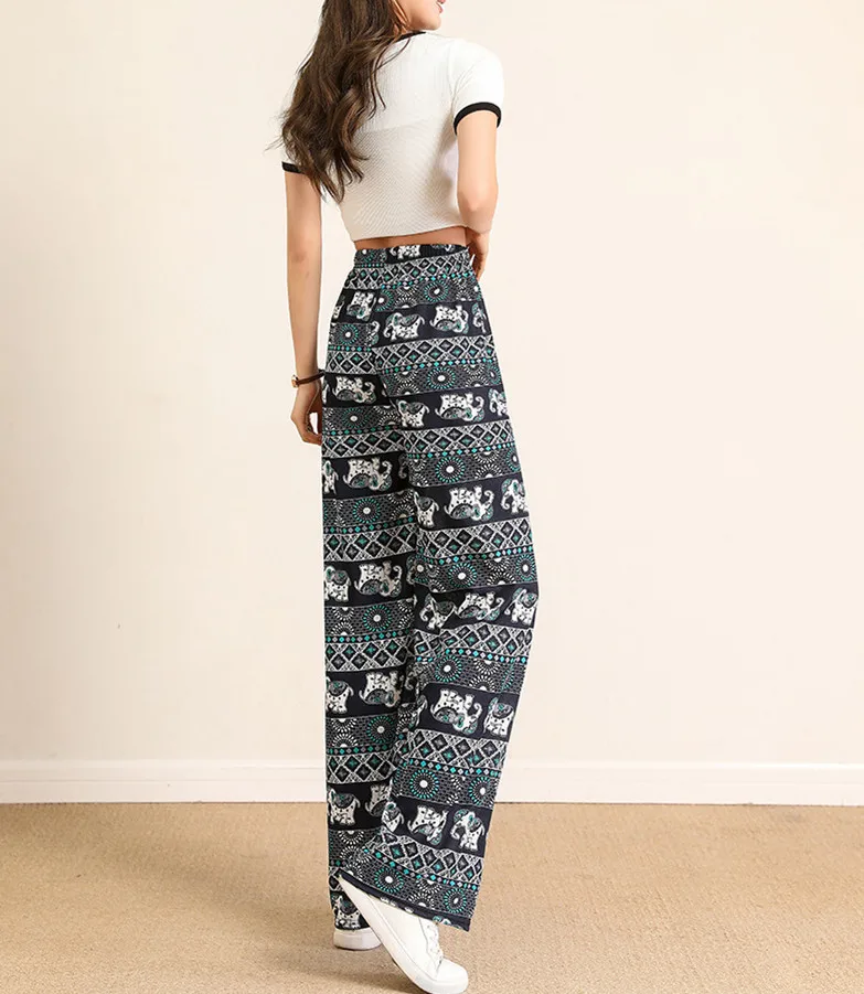 Neue Mode Lässig Hohe Taille Gerade Druck Lose Fit Flache Elastische Taille Kordelzug Bodenlangen Hosen Für Frauen, 9 farben