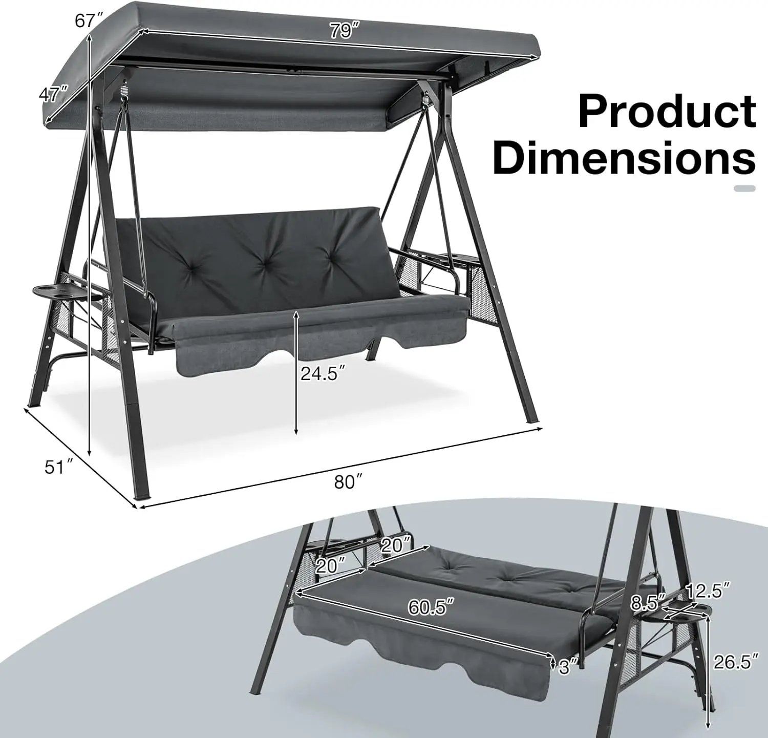 Tangkula 3 Persoons Veranda Schommel, 2-In-1 Converteerbare Patio Schommelbed Met Verstelbare Luifel, 2 Bekerhouder Tafel, Zachte Zitting