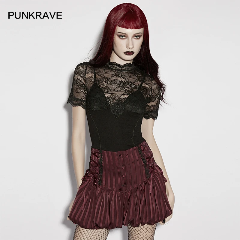 

Женская готическая футболка PUNK RAVE с кружевом и вязаным узором, элегантная, фактурная, с коротким рукавом, с 3D-аппликацией, облегающая, сексуальная, летняя