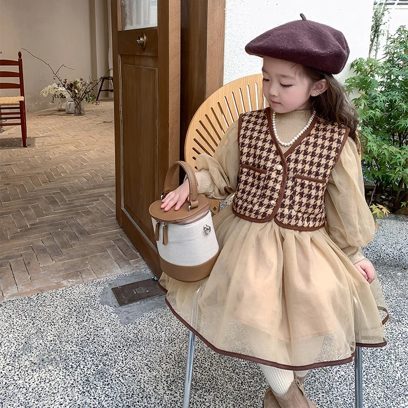 

Girls' Dress2025Autumn New Little Girl Houndstooth Vest and Tulle Skirt Set Baby Girl Dress