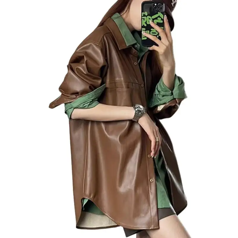 Outfit brauner Lederjackenmantel Damen Frühling Herbst neues Modell Lokomotivjacke im Hongkong-Stil Tops solide Top Eleganz