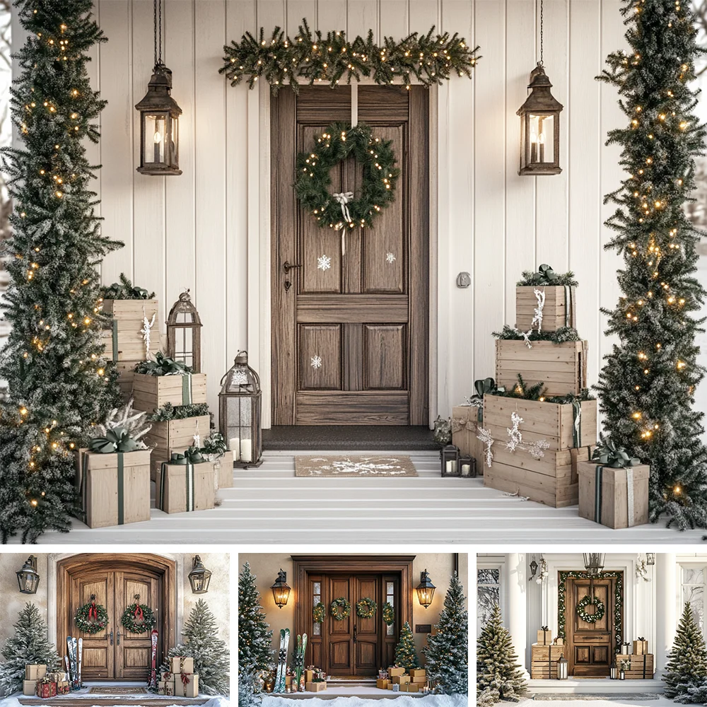 

White Christmas Wooden Door Background Photography Xmas Tree Gift Lantern Winter Snowy Backdrop Kid Family Party Photo Studio