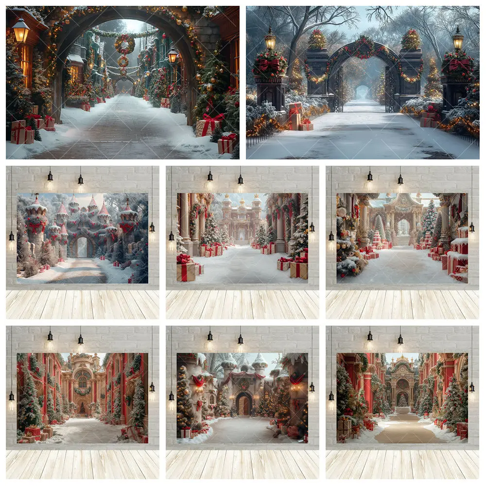 

Winter Christmas Red Elements Theme Castle Christmas Tree Gift Background Customized Festive Family Party Decoration Banner Prop