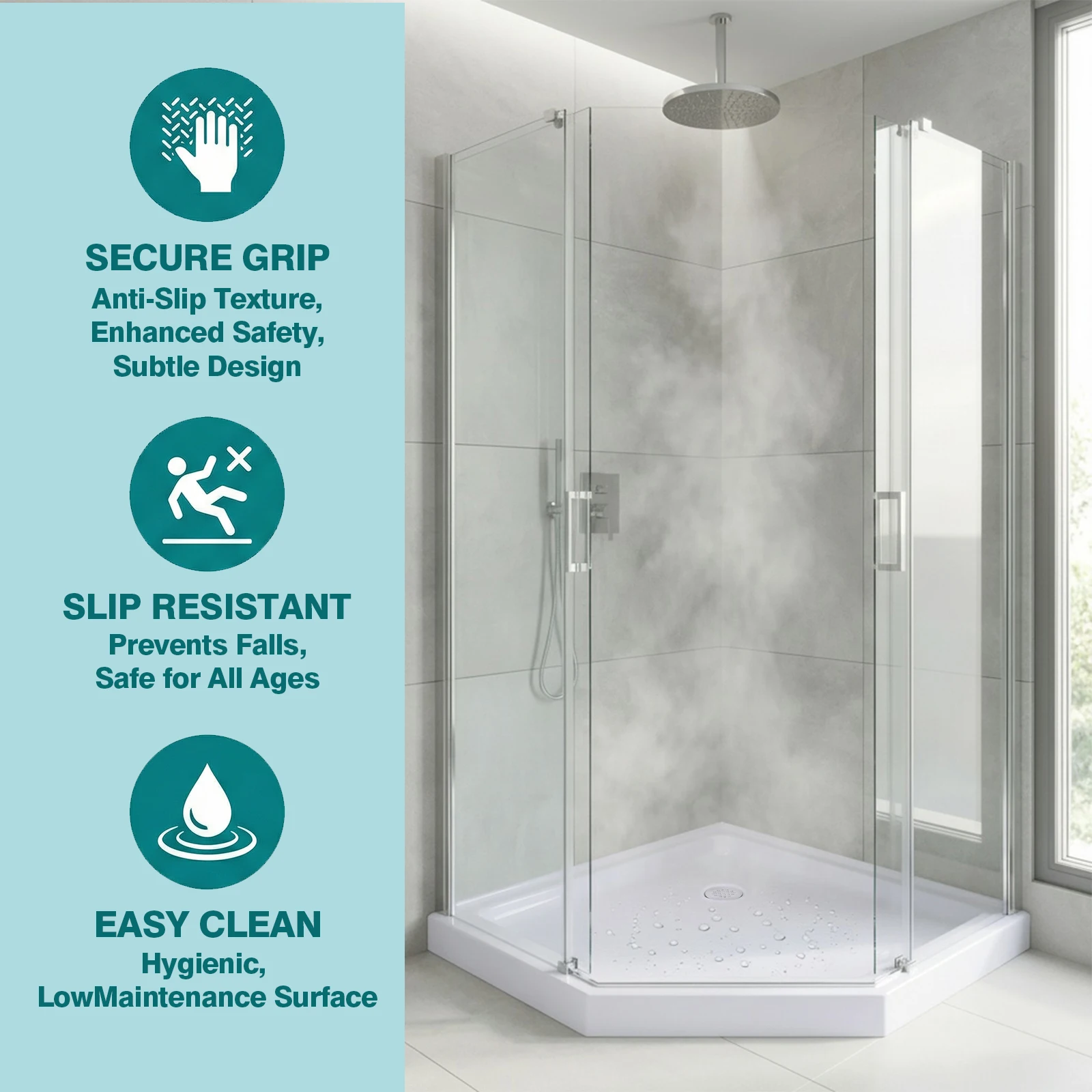 

Neo-Angle Shower Base with Corner Drain 37 In. L X 37 In. W Shower Base Pan Non-Slip Textured Surface for Modern Bathrooms