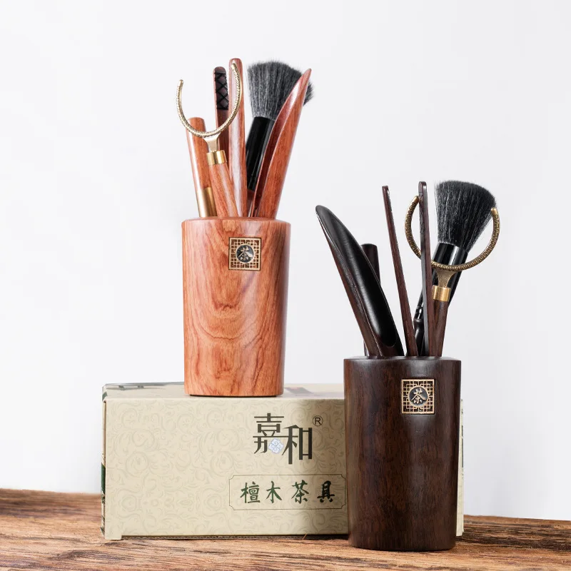 Black Sandalwood Six Gentlemen Tea Ceremony Accessories Tea Barrel  Holder Kung Fu Tea Tools Wood Tea Clip Knife Fork Brush Set