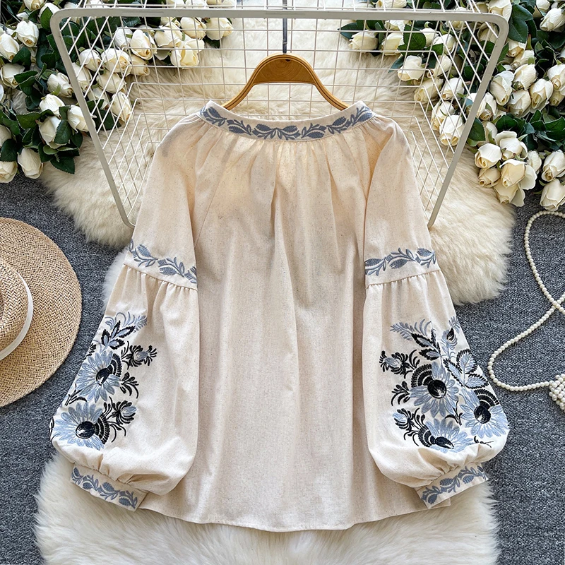 봄 가을 여성을위한 예술적 복고풍 자수 민족 스타일 블라우스 루즈 캐주얼 랜턴 슬리브 레이스 업 탑 트렌디 D79