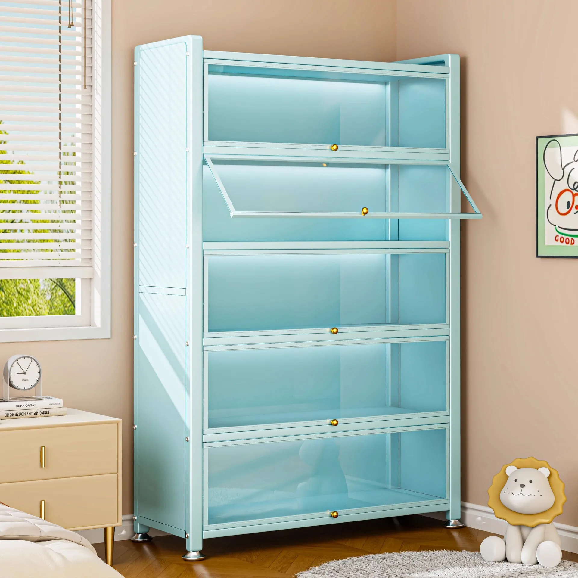 Steel bookcase with glass door Floor-to-ceiling bookshelf Living room dust-proof figure display cabinet Pain cabinet Iron
