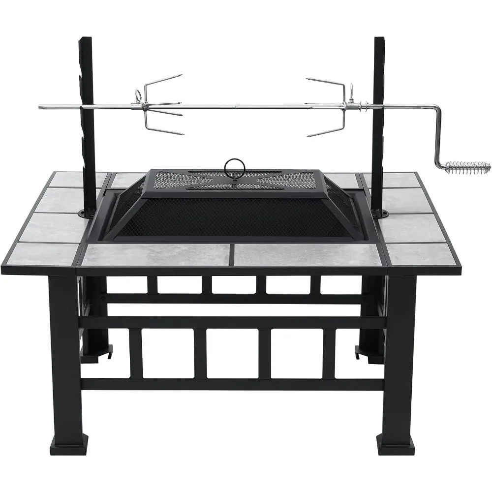 

Fire Pit Table for Outside 37 Inch Square Firepits with Grill Large Wood Burning Heavy Duty Steel BBQ Bonfire Pit Outdoor Cookin