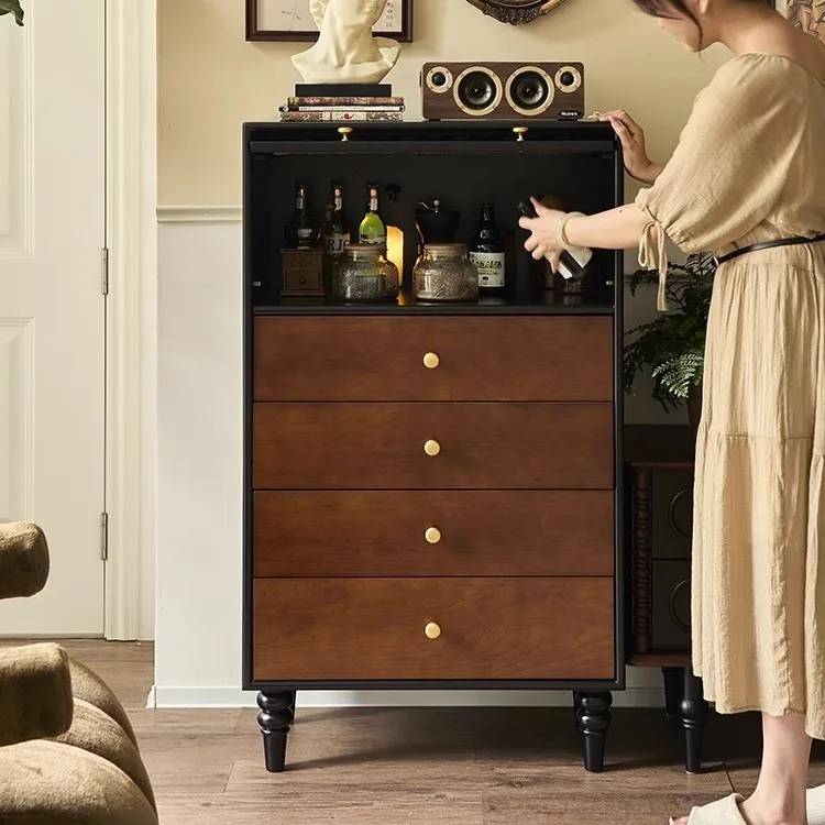 French solid wood retro chest, small apartment color matching storage side cabinet, antique bedside locker in household bedroom