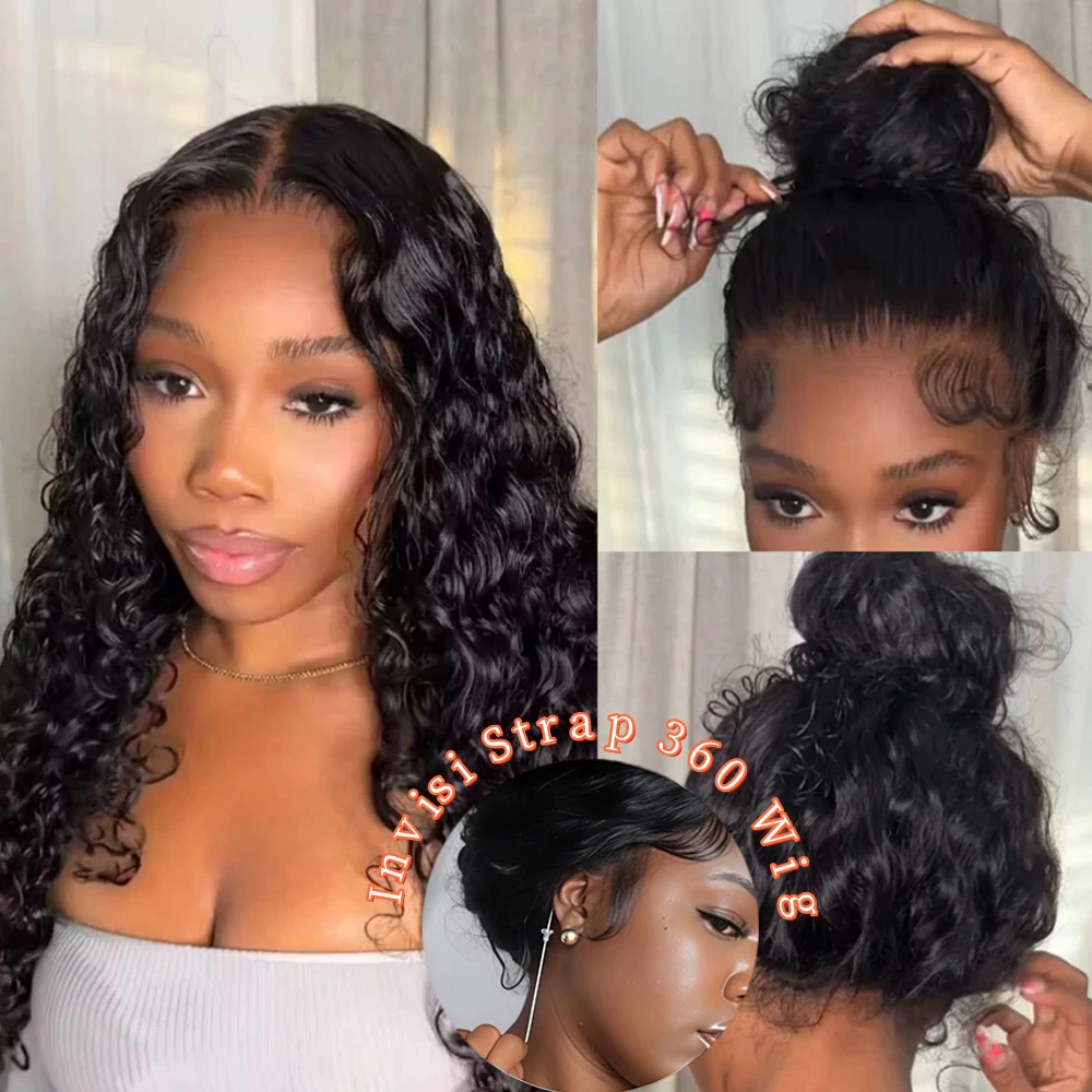 Hidden Strap 360 HD Lace Frontal Wig Human Hair Water Wave Pre Plucked Upgrade Invisible Drawst Glueless Wigs For Woman 250 Den