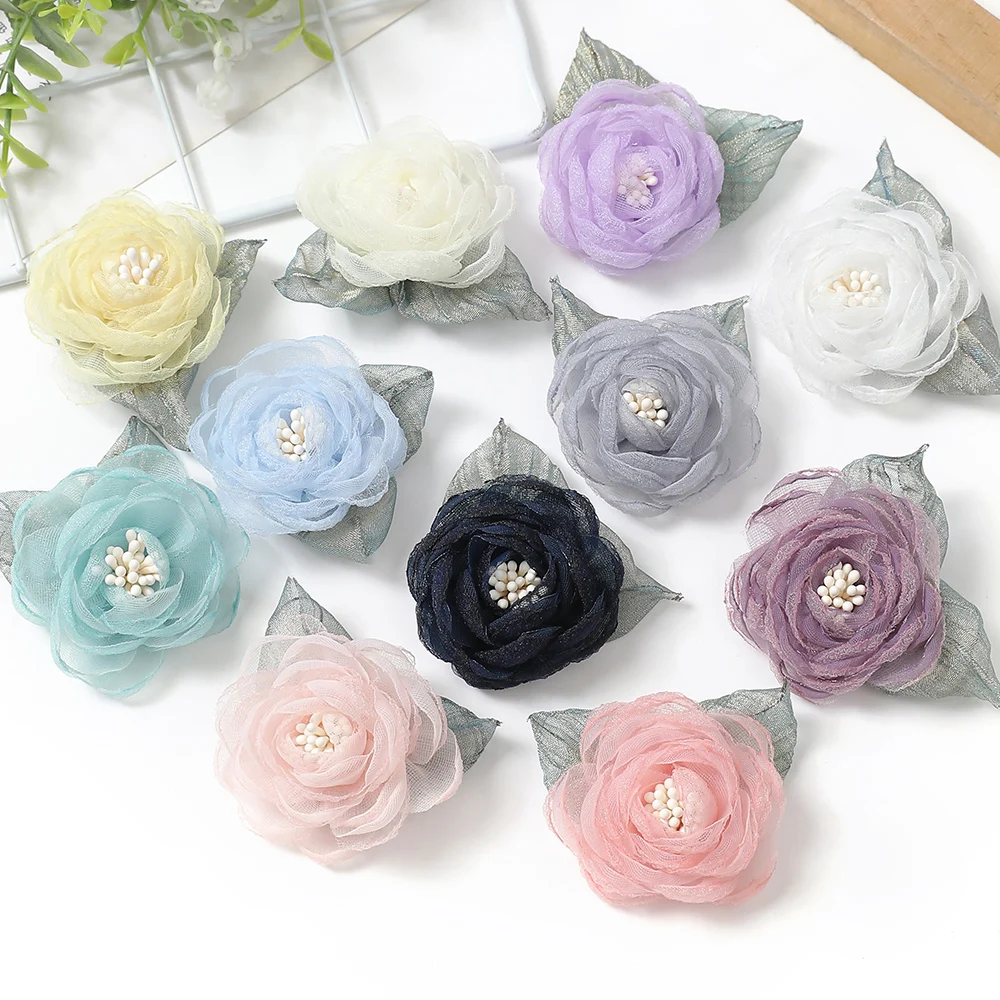 5Pcs Chiffon Rose Artificial Flowers Yarn Fabric Flowers ​For Headwear Dress Wedding Bouquet Decor Craft Yarn Flower Accessories