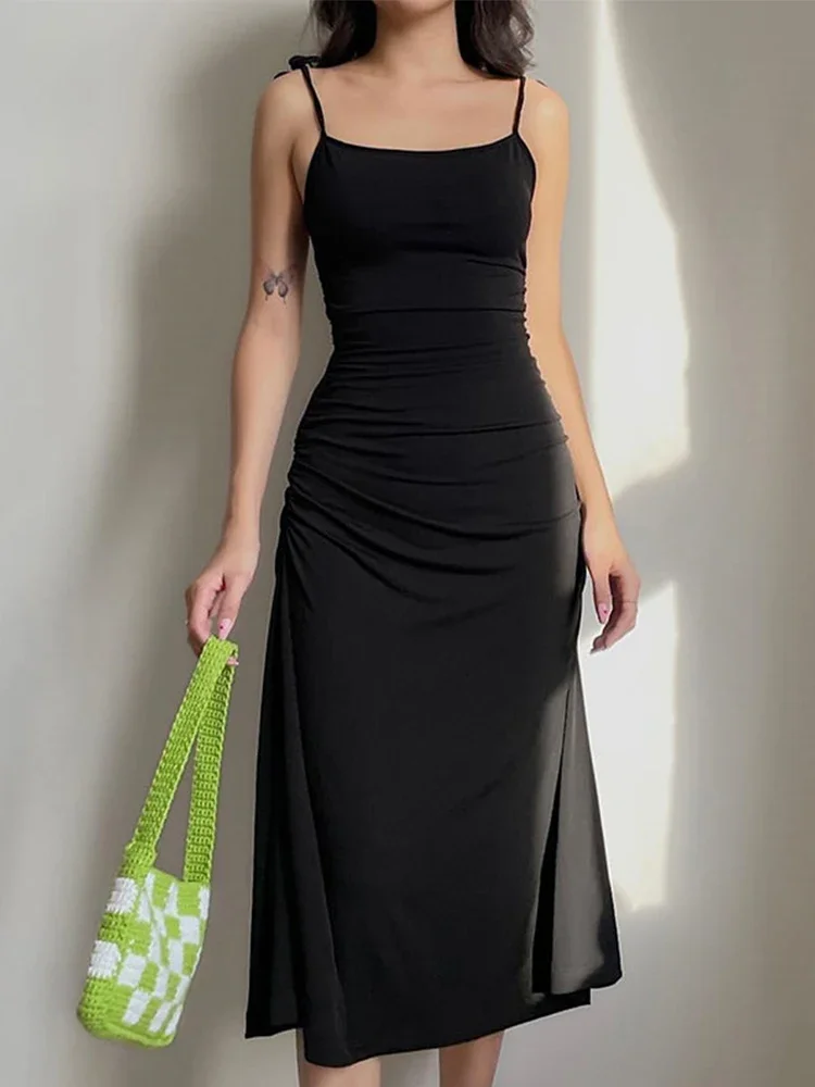 

Fashion Strappy Ruched Sexy Black Dress Irregular Elegant Backless Long Dress Party Summer Dresses Women 2024 Clothes